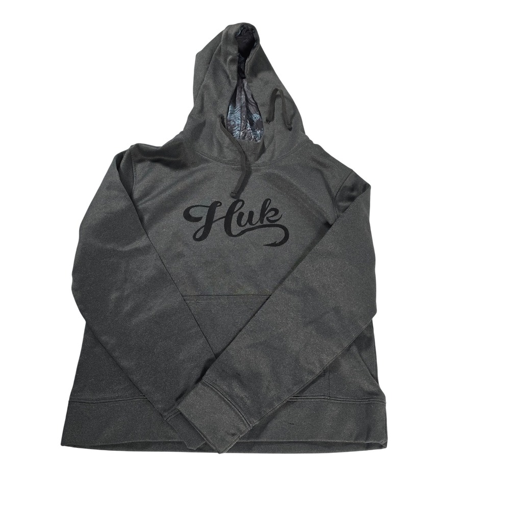 Huk Performance Hoodie Medium Charcoal Grey Fishing Pullover Logo Sweatshirt